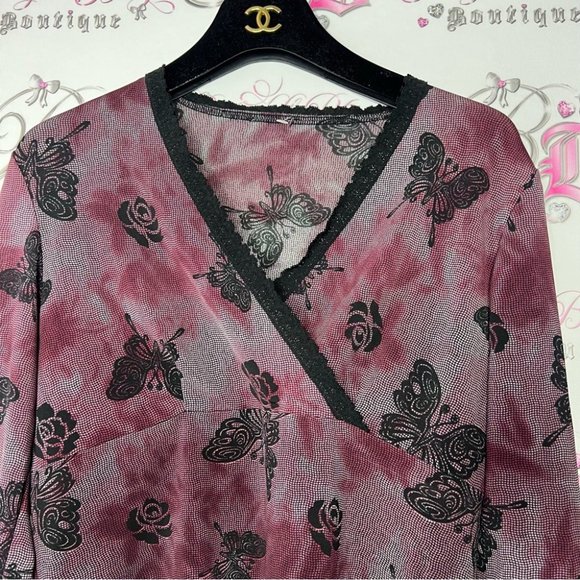 Butterfly roses shirt stretchy y2k lace trim black and red goth punk fairy y2k - Picture 2 of 7